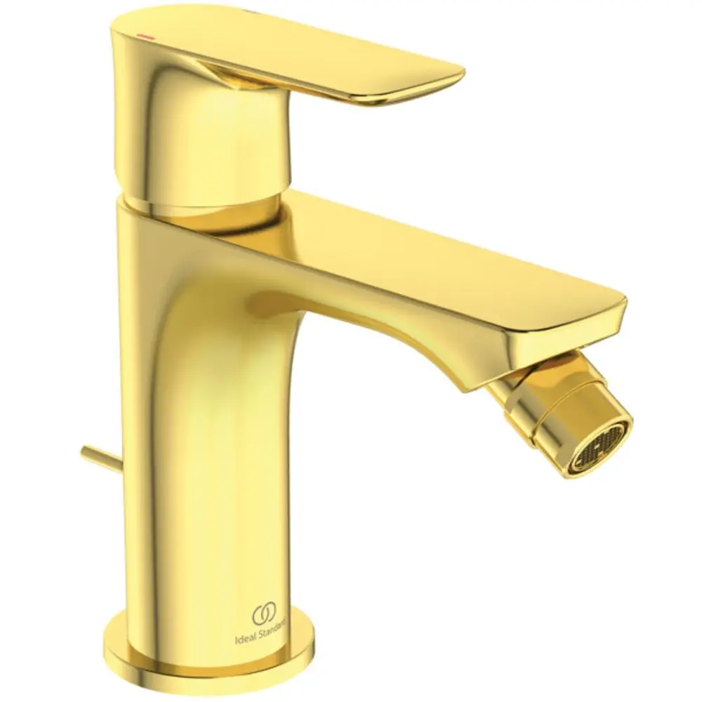 Bidetarmatur in brushed gold von Ideal Standard, mit einhebeliger Bedienung und Auslauf. Klar strukturiertes Design ohne sichtbare Zahlen oder Maße.